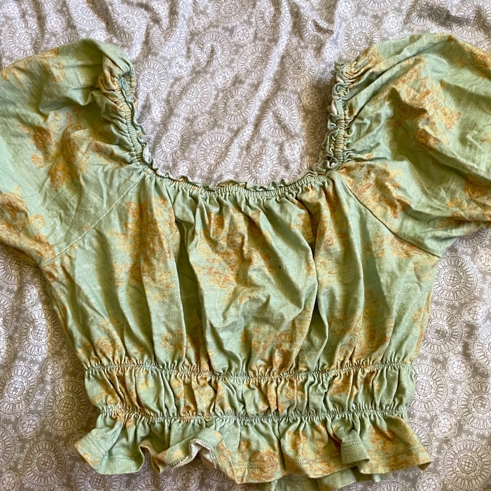 gorgeous corset cinched sage top with gold accents